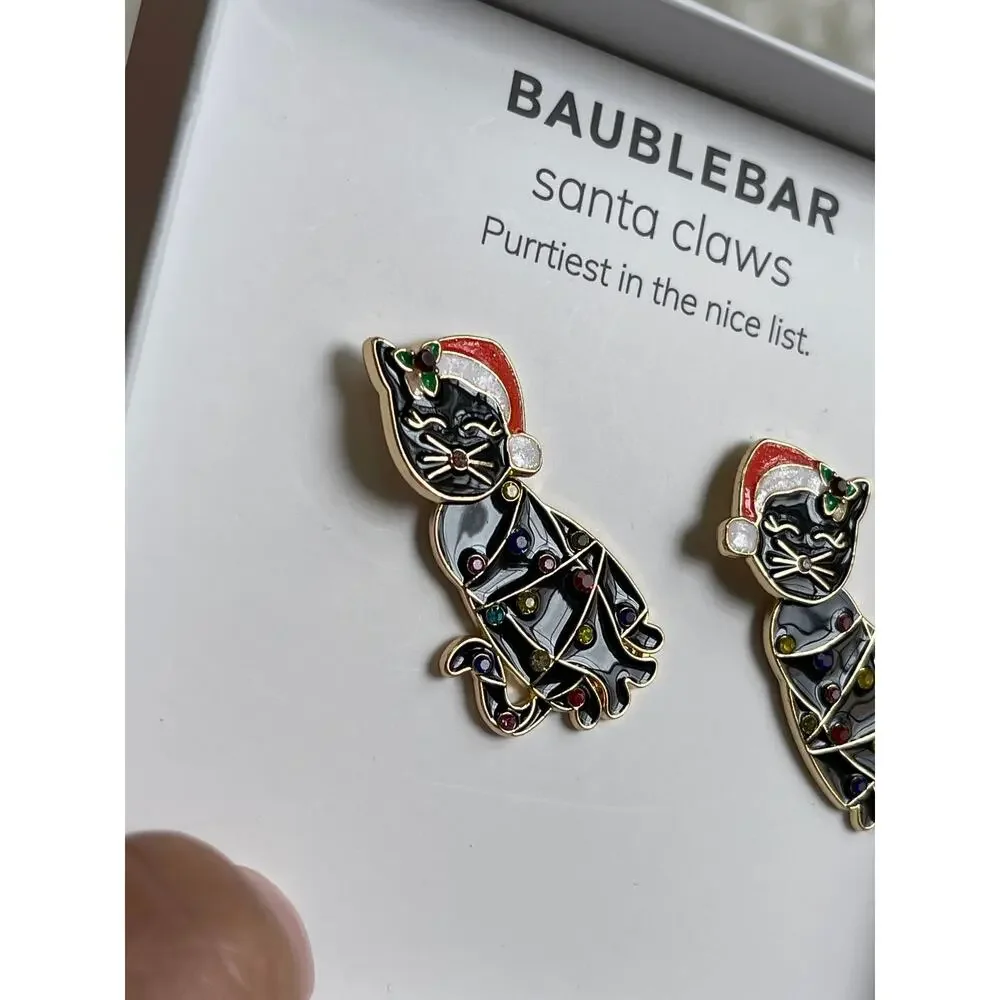 BaubleBar Santa Claws Christmas Xmas Black Cat Moveable Earrings New In Box